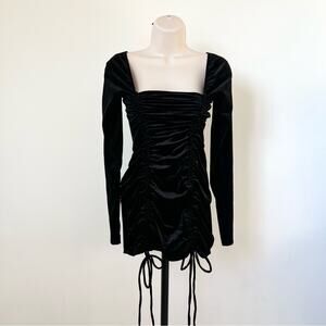 Wild Fable Velvet Long Sleeve Dress Black XS Cinched Drawstring Ties Square Neck